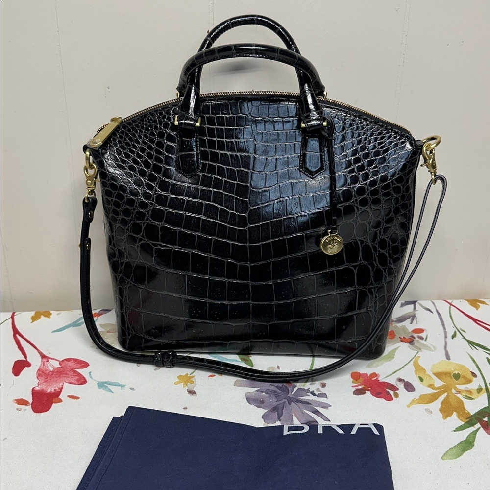Brahmin Black Croc-Embossed Leather Tote with Gold Hardware